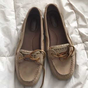 Tan and gold sperry topsiders